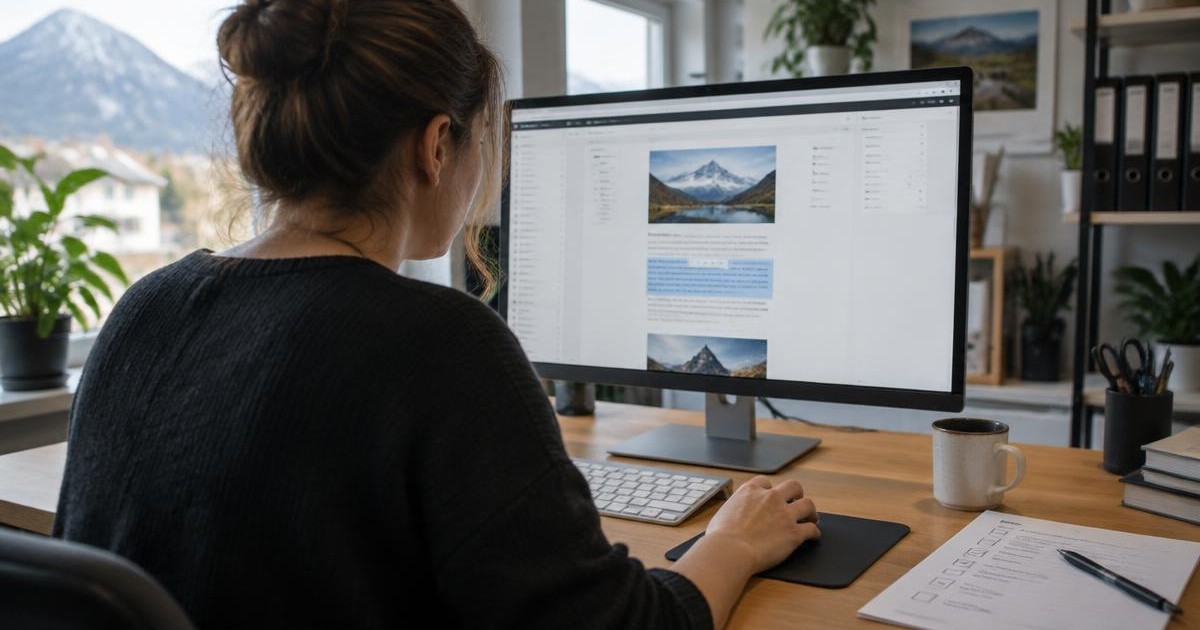 Mitarbeiterin fügt am Bildschirm einen geprüften Textbaustein in ihre Website ein